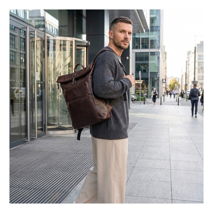 Plecak skórzany vintage roll top na laptopa miejski brązowy Paolo Peruzzi SL-02-BR