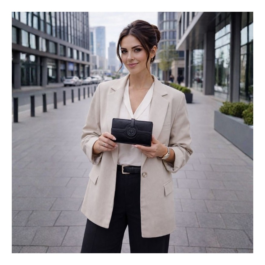 Portfel damski czarny skórzany T-134 portfel damski z miejscem na zdjecie