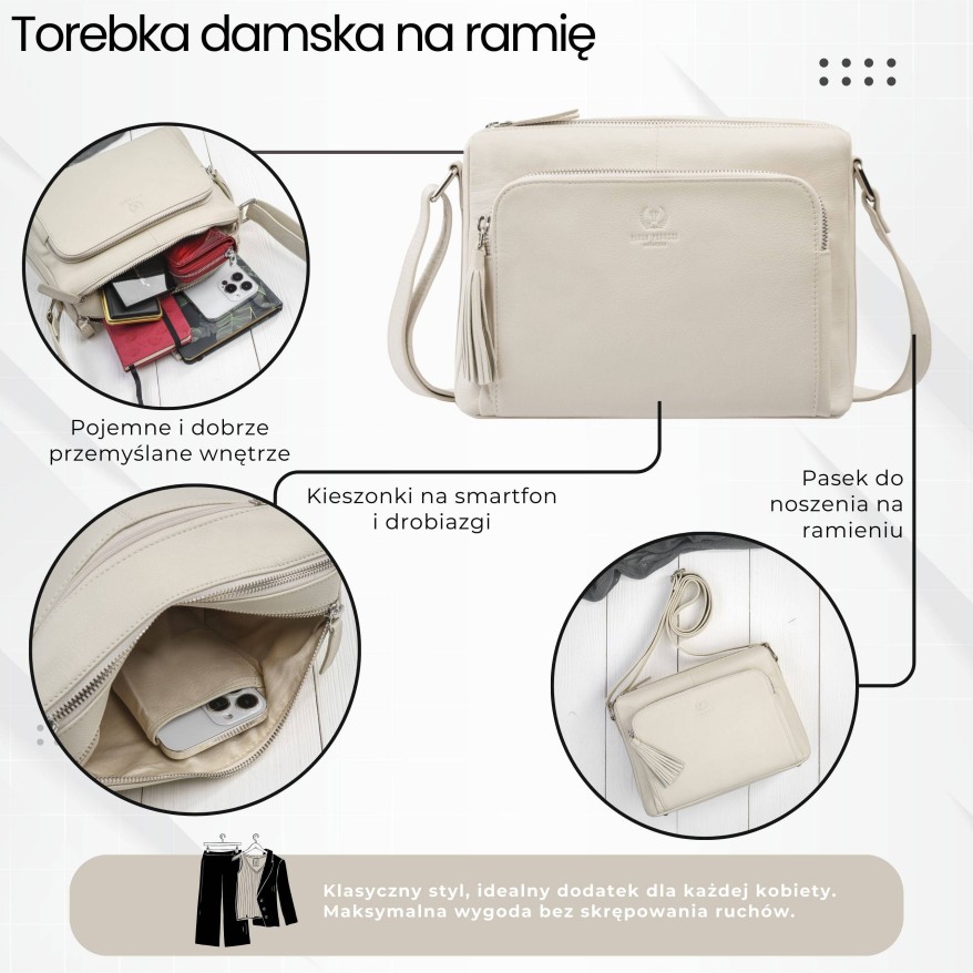 Klasyczna torebka damska na ramię skórzana beżowa Paolo Peruzzi AY-22-BG