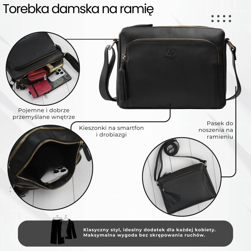 Klasyczna torebka damska na ramię skórzana czarna Paolo Peruzzi AY-22-BLZ