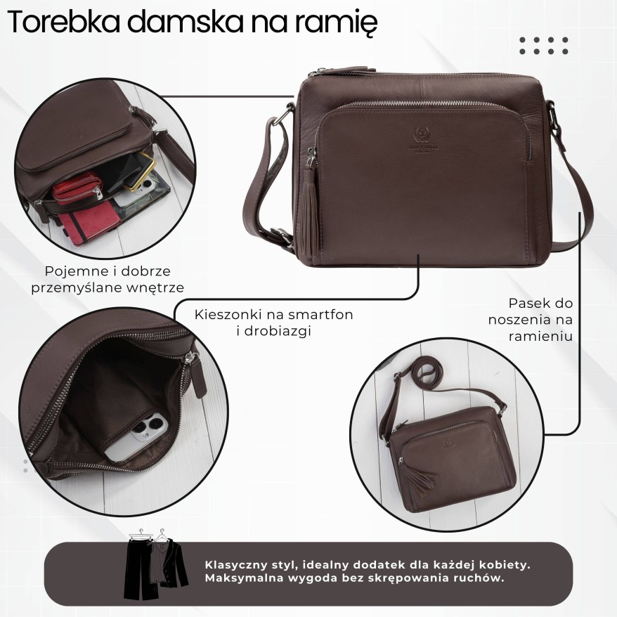 Klasyczna torebka damska na ramię skórzana brązowa Paolo Peruzzi AY-22-BRS