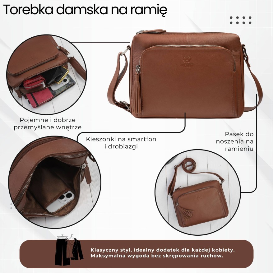 Klasyczna torebka damska na ramię skórzana koniakowa Paolo Peruzzi AY-22-CGS