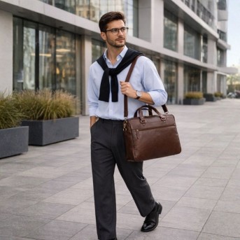 Torba męska na ramię do ręki skórzana na laptopa dokumenty A4 brązowa pojemna SL-08-BR