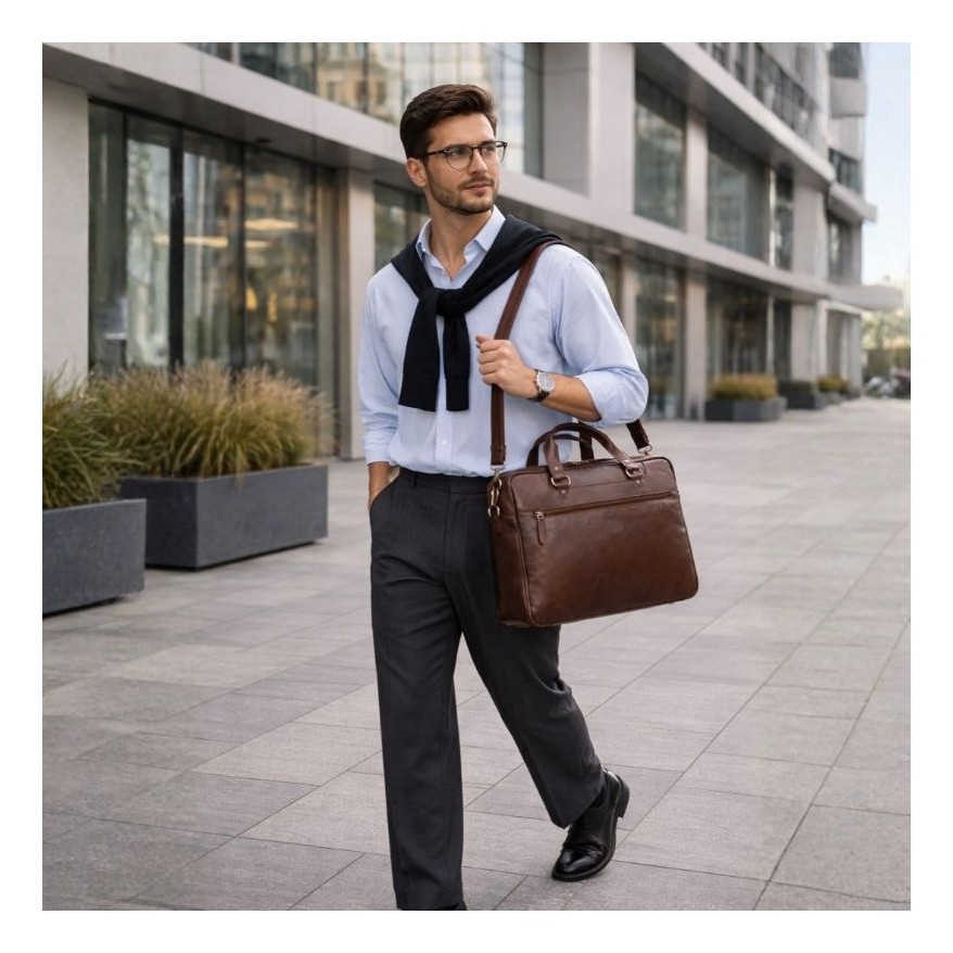 Torba męska na ramię do ręki skórzana na laptopa dokumenty A4 brązowa pojemna SL-08-BR