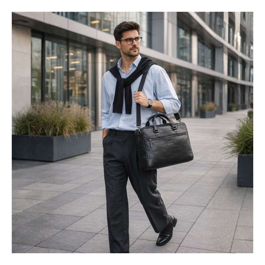 Torba męska na ramię do ręki skórzana na laptopa dokumenty A4 czarna pojemna SL-08-BL