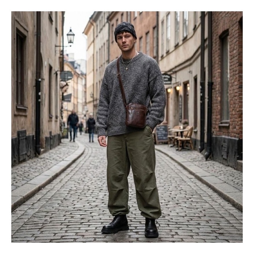 Saszetka męska skórzana na ramię klasyczna brązowa mała funkcjonalna Paolo Peruzzi SL-03-BR