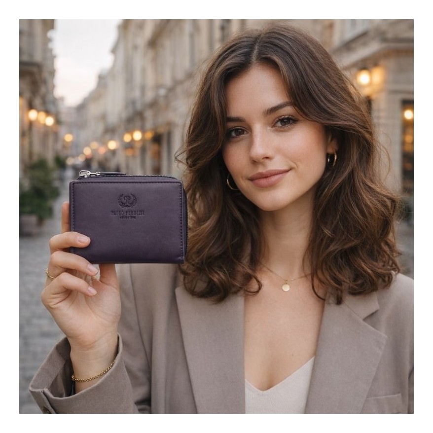 Portfel damski skórzany mały fioletowy w orientacji poziomej z RFID Paolo Peruzzi SL-06-VI