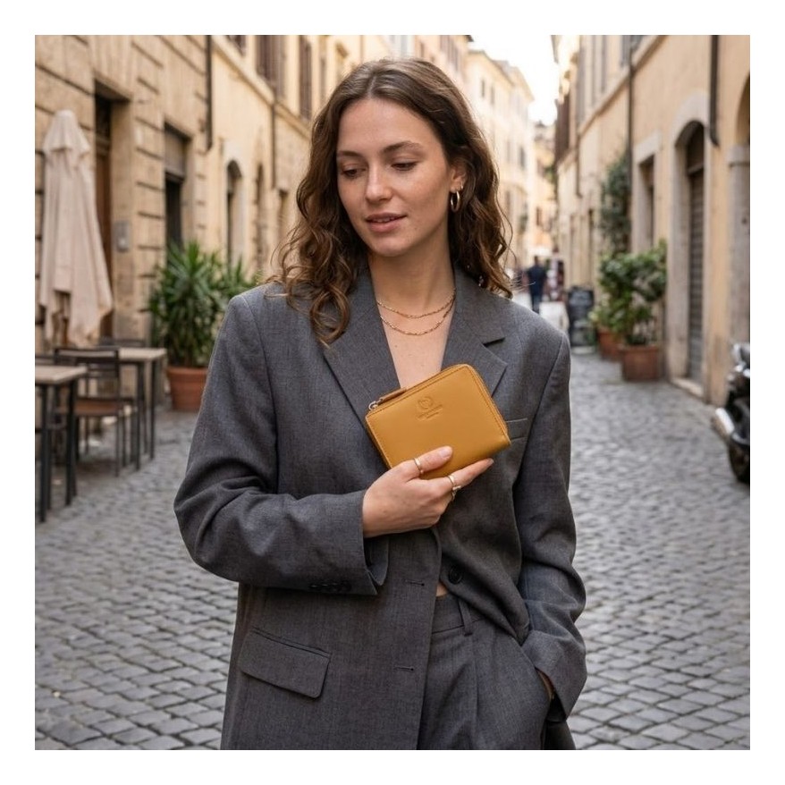 Portfel damski skórzany mały żółty w orientacji poziomej z RFID Paolo Peruzzi SL-06-MNG