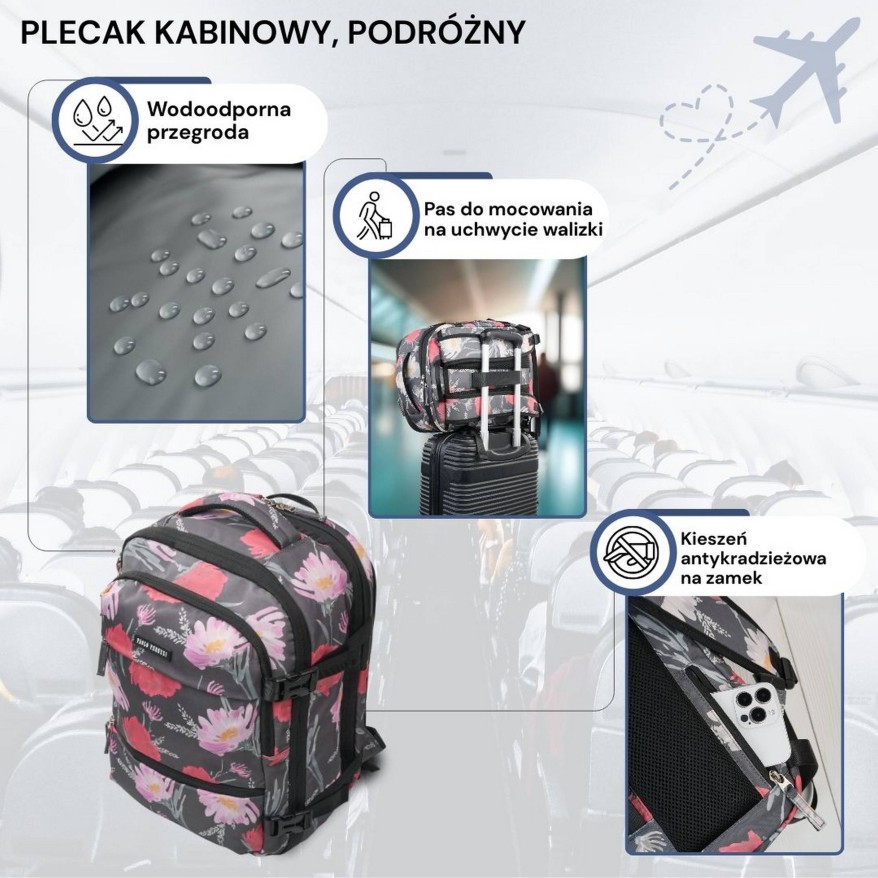 Plecak podróżny do samolotu wielofunkcyjny pojemny z kwiatowym motywem AS-01-FL