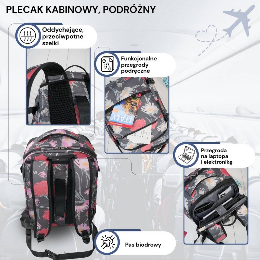 Plecak podróżny do samolotu wielofunkcyjny pojemny z kwiatowym motywem AS-01-FL