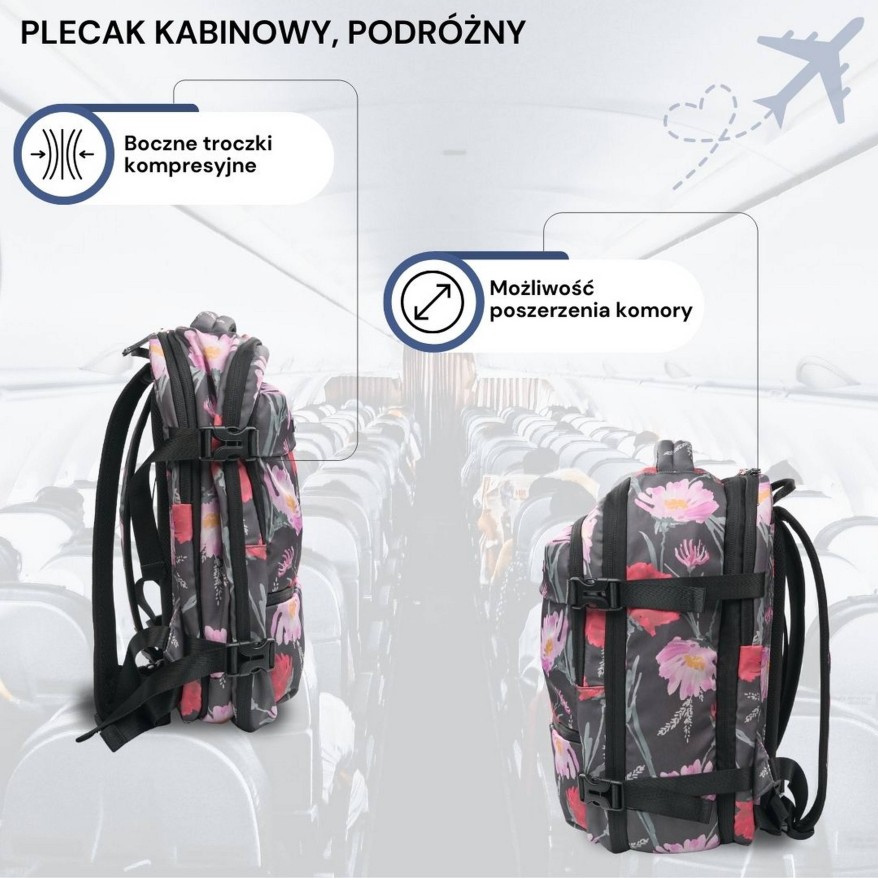 Plecak podróżny do samolotu wielofunkcyjny pojemny z kwiatowym motywem AS-01-FL