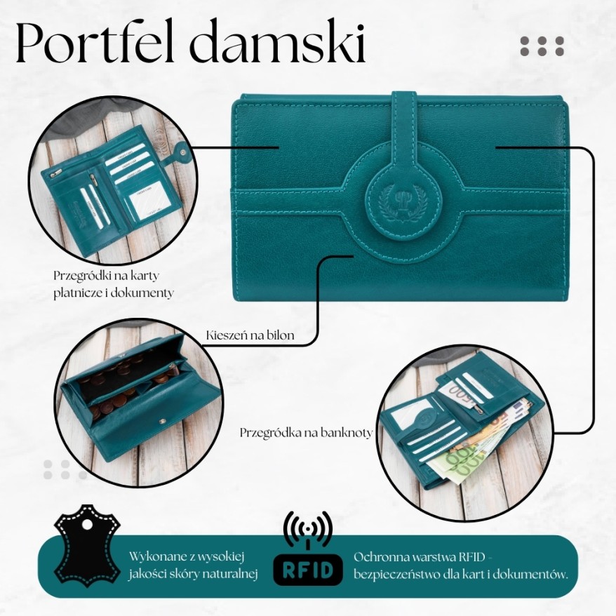 Portfel damski skórzany zielony duży skóra licowa ochrona RFID Paolo Peruzzi