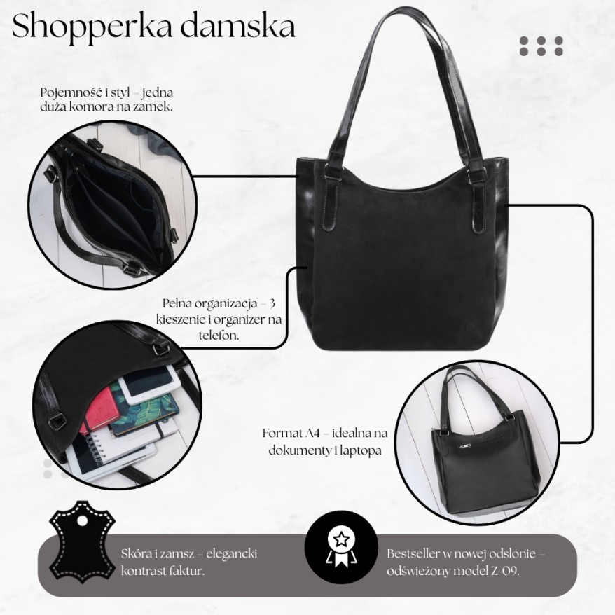 Czarna Torebka Skórzana Paolo Peruzzi Z-09 | Zamszowa Listonoszka