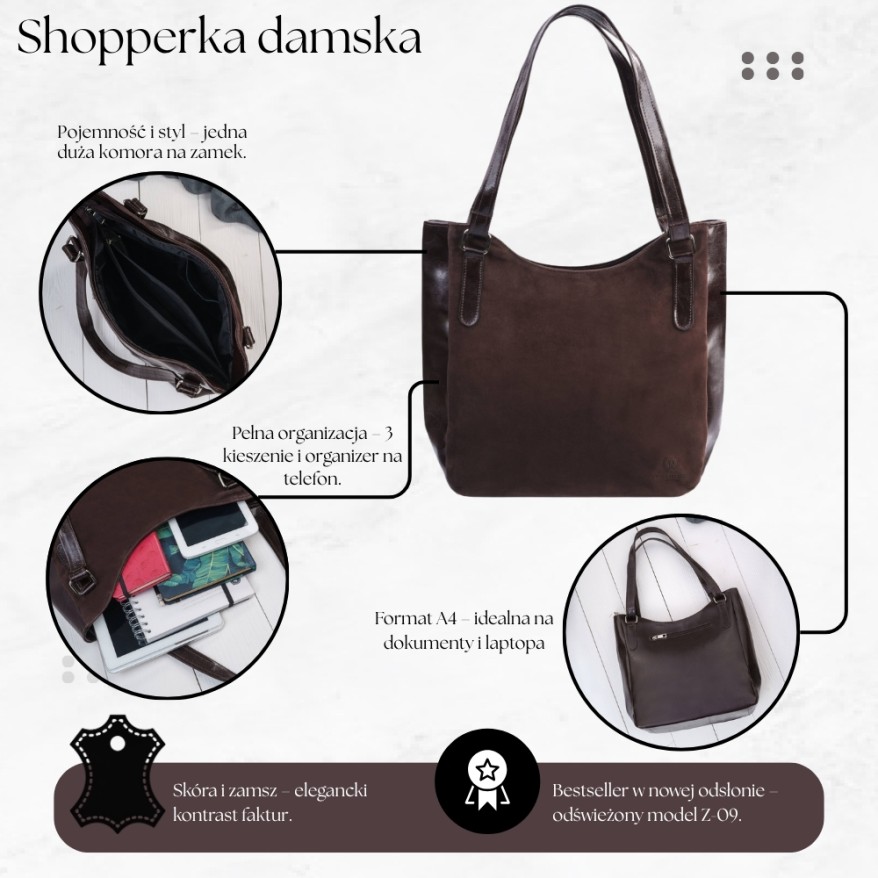 Brązowa Torebka Skórzana Paolo Peruzzi Z-09 | Zamszowa Listonoszka