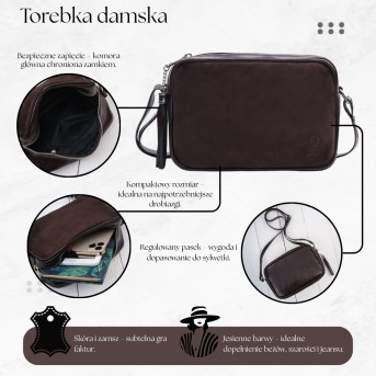 Torebka damska listonoszka skórzana brązowa z dodatkiem zamszu