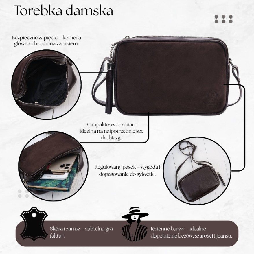 Torebka damska listonoszka skórzana brązowa z dodatkiem zamszu