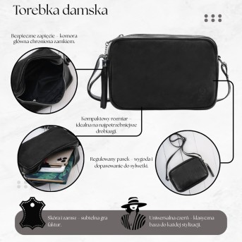 Torebka damska listonoszka skórzana czarna z dodatkiem zamszu