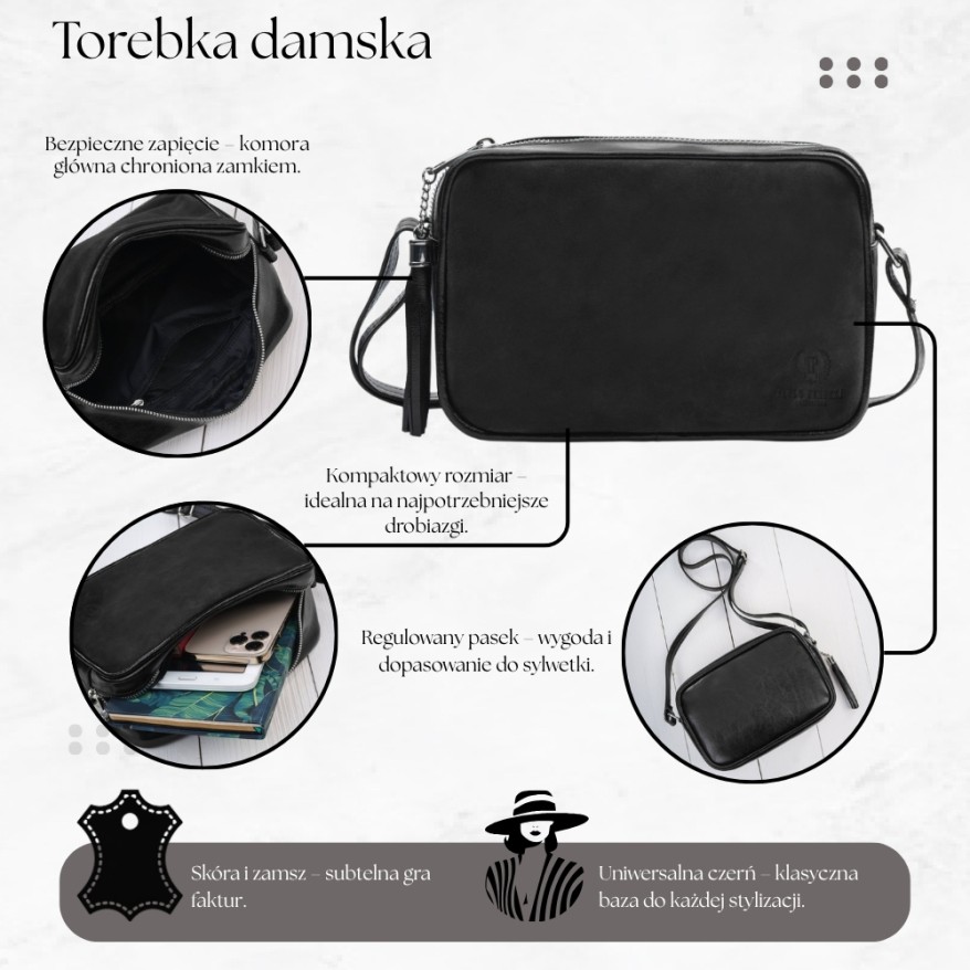 Torebka damska listonoszka skórzana czarna z dodatkiem zamszu