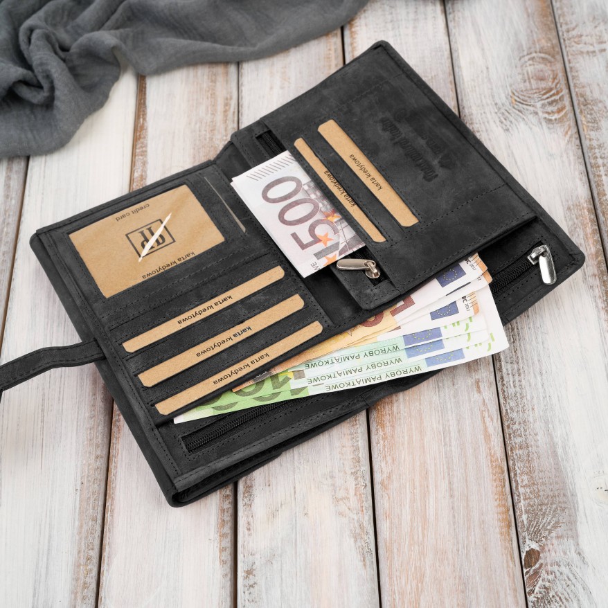 Czarny duży portfel damski skórzany vintage z RFID T-134-HBL Paolo Peruzzi– idealny do codziennego stylu