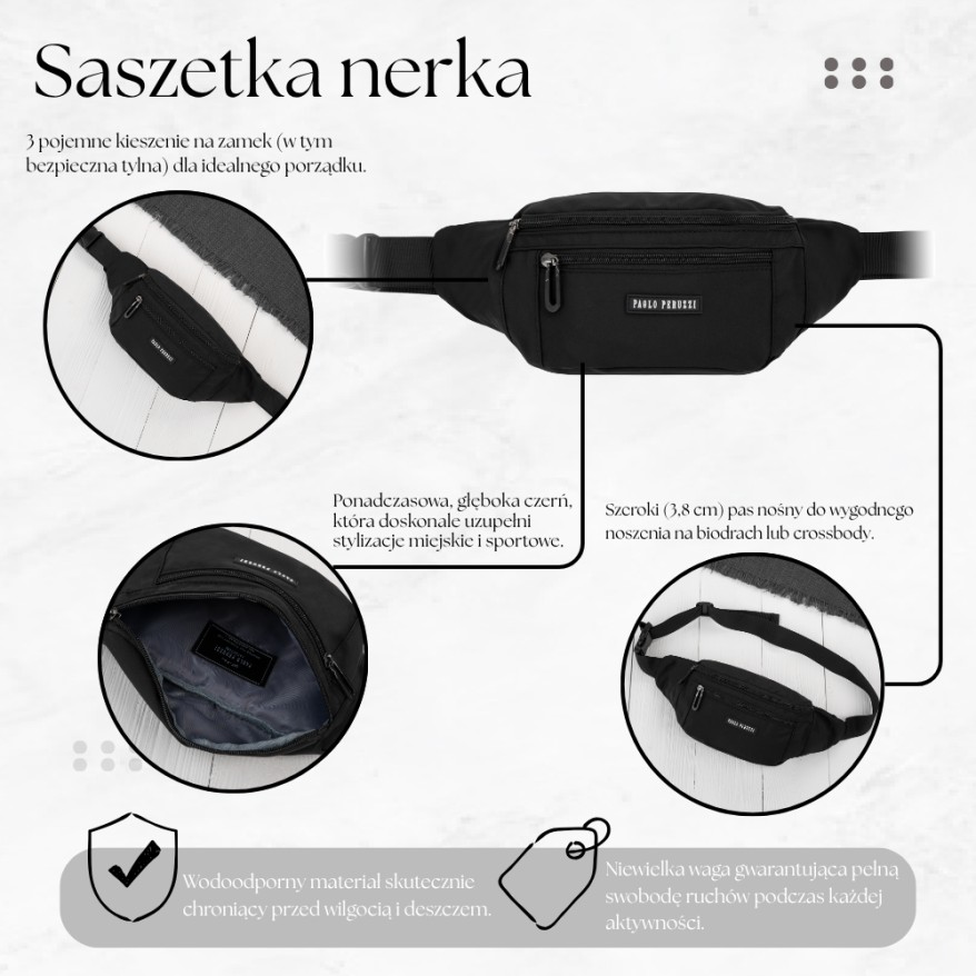 Saszetka Nerka Wodoodporna Czarna Paolo Peruzzi AS-07-BL | Saszetka Sportowa