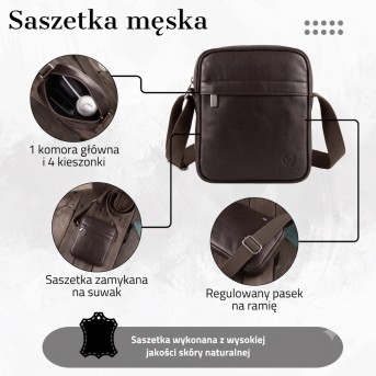 Saszetka męska skórzana na ramię klasyczna listonoszka brązowa T-75-BR