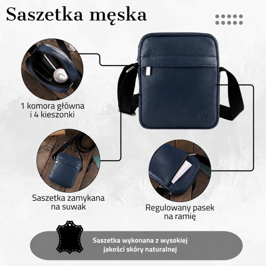 Saszetka męska skórzana na ramię listonoszka granatowa T-75-DB