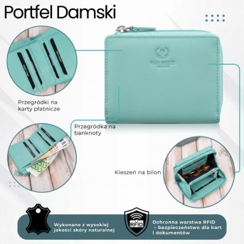 Portfel damski skórzany mały miętowy w orientacji poziomej z RFID Paolo Peruzzi SL-06-MNT
