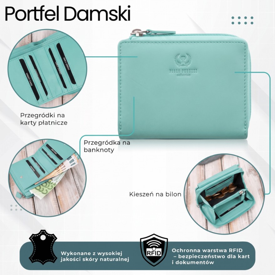 Portfel damski skórzany mały miętowy w orientacji poziomej z RFID Paolo Peruzzi SL-06-MNT