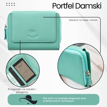 Portfel damski skórzany miętowy duży w orientacji poziomej z RFID Paolo Peruzzi SL-07-MNT