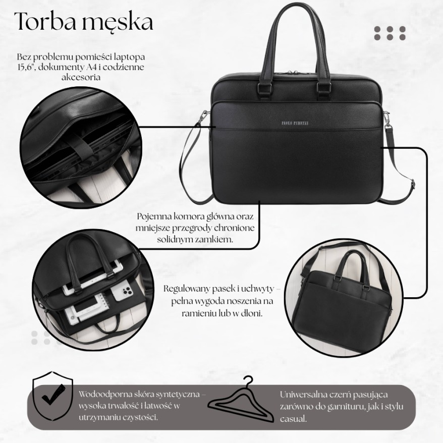 Torba męska do pracy i na studia Paolo Peruzzi AS-05-BL | Skóra syntetyczna | Laptop A4