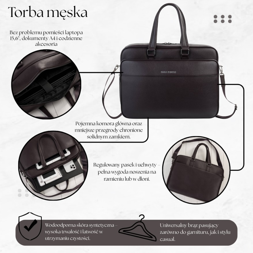 Torba męska do pracy i na studia Paolo Peruzzi AS-05-BR | Skóra syntetyczna | Laptop A4