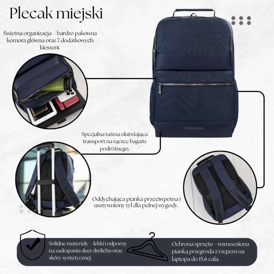Elegancki Granatowy Plecak Miejski Paolo Peruzzi AS-06-NV | Lekki i Pojemny