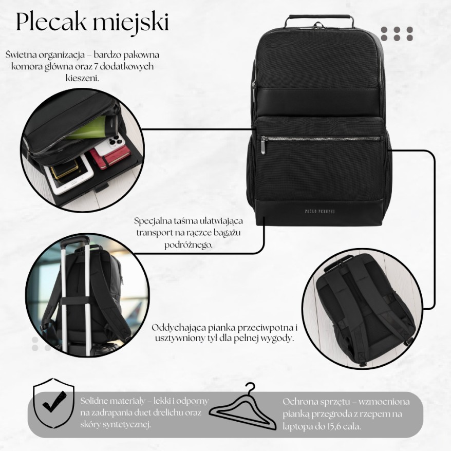 Elegancki Czarny Plecak Miejski Paolo Peruzzi AS-06-BL | Lekki i Pojemny
