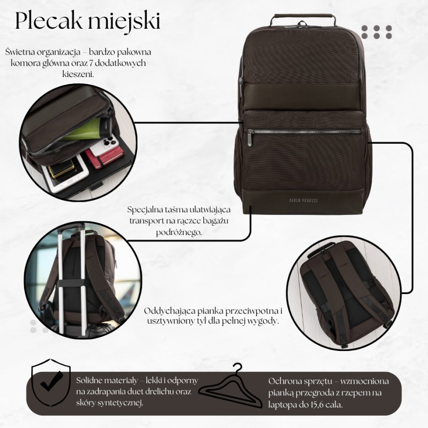 Elegancki Brązowy Plecak Miejski Paolo Peruzzi AS-06-BR | Lekki i Pojemny