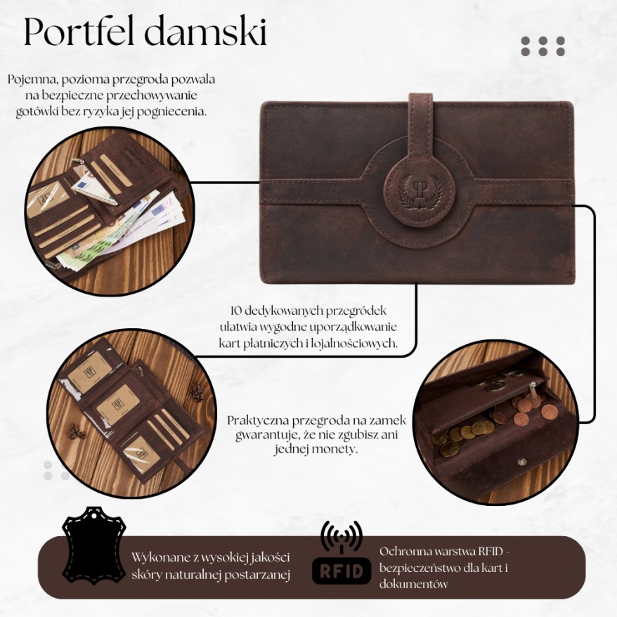 Portfel damski duży podwójny Paolo Peruzzi portfel damski skóra naturalna T-134