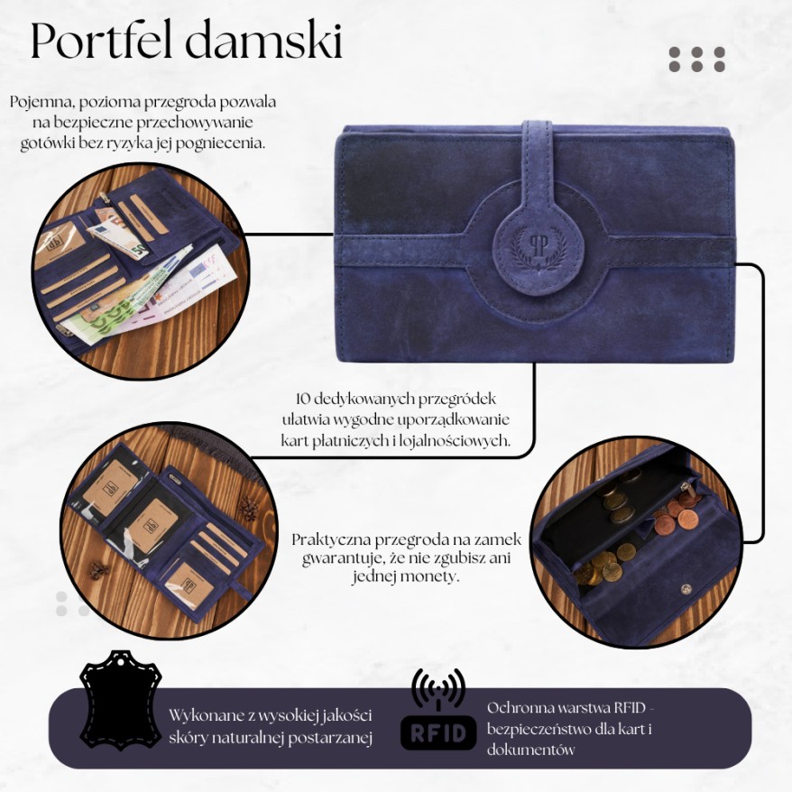 Portfel damski duży podwójny Paolo Peruzzi portfel damski skóra naturalna T-134