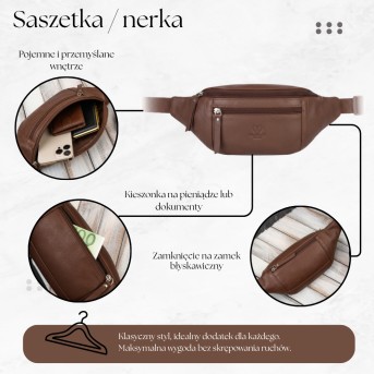 Saszetka męska nerka skórzana brązowa na pas pojemna Paolo Peruzzi