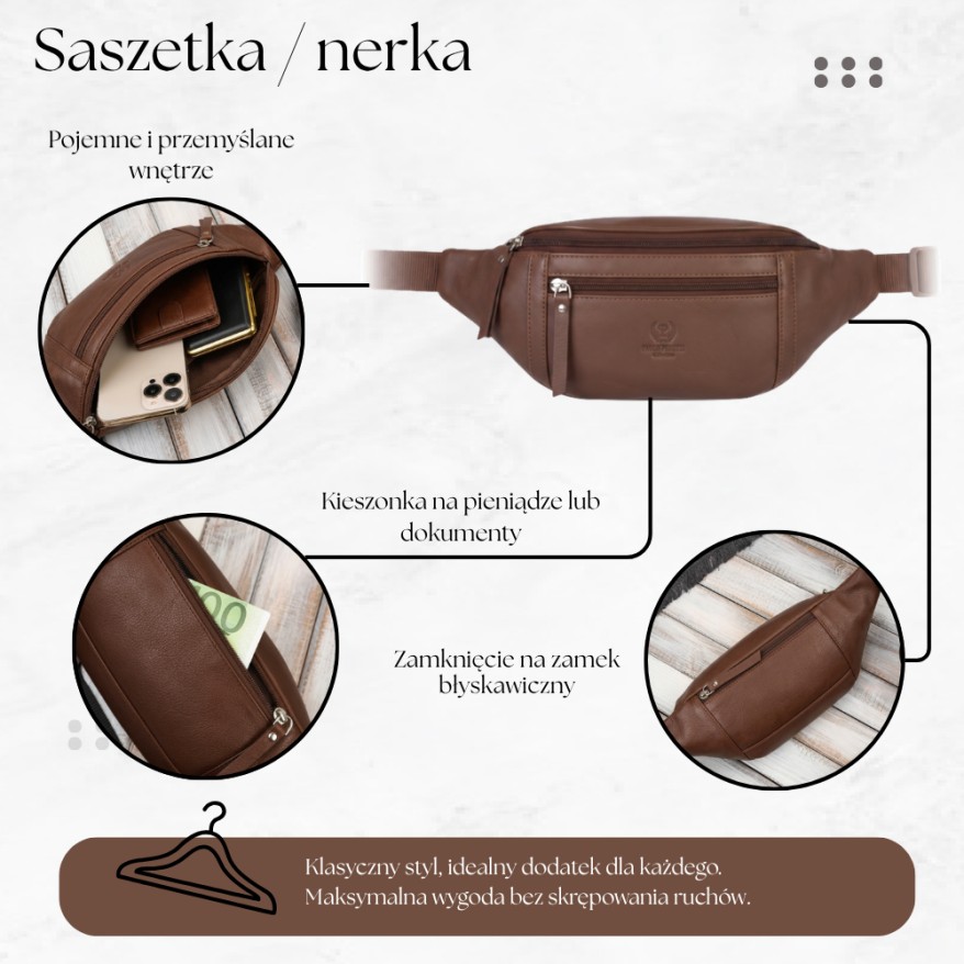 Saszetka męska nerka skórzana brązowa na pas pojemna Paolo Peruzzi