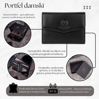 Portfel damski skórzany klasyczny czarny skóra licowa ochrona RFID T-34-BL