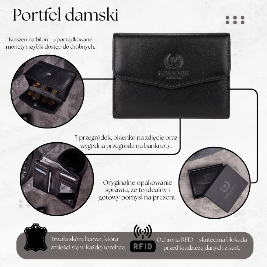 Portfel damski skórzany klasyczny czarny skóra licowa ochrona RFID T-34-BL
