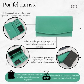 Portfel damski skórzany z RFID miętowy na prezent pojemny SL-11-MNT