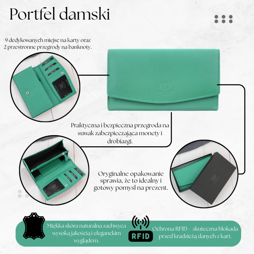 Portfel damski skórzany z RFID miętowy na prezent pojemny SL-11-MNT