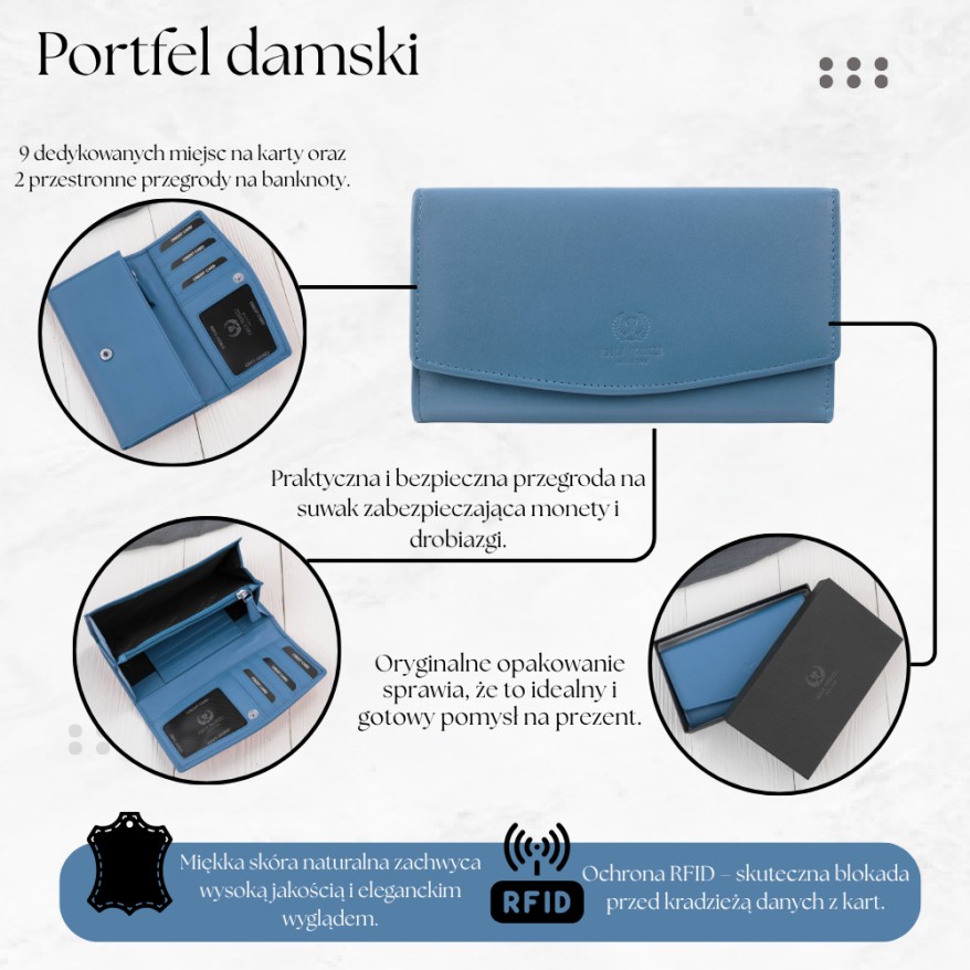 Portfel Damski Skórzany RFID Niebieski Paolo Peruzzi SL-11-CB | Skóra Naturalna