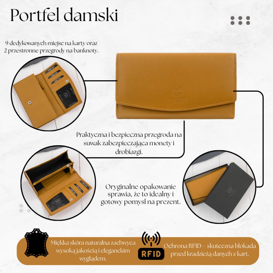 Portfel Damski Skórzany RFID Żółty Paolo Peruzzi SL-11-MNG | Skóra Naturalna