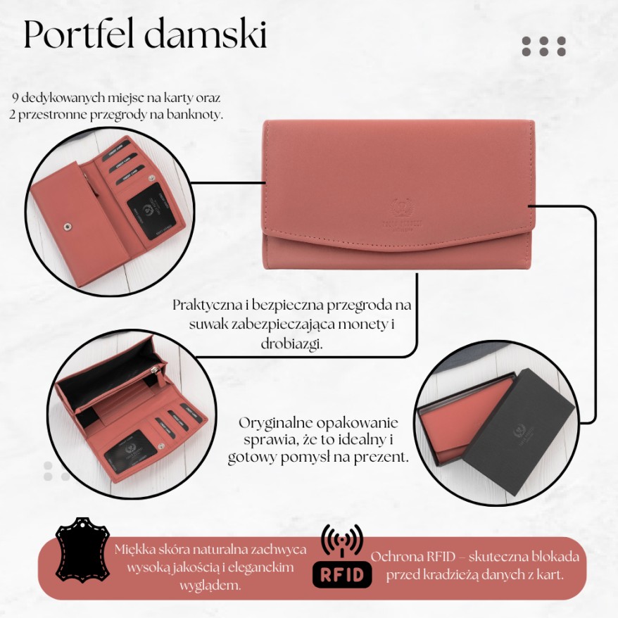 Portfel Damski Skórzany RFID Różowy Paolo Peruzzi SL-11-PI | Skóra Naturalna