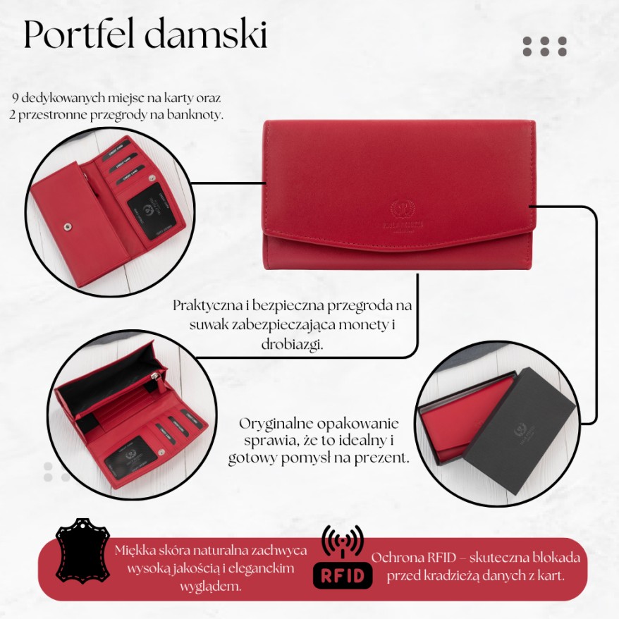 Portfel Damski Skórzany RFID Czerwony Paolo Peruzzi SL-11-RD | Skóra Naturalna