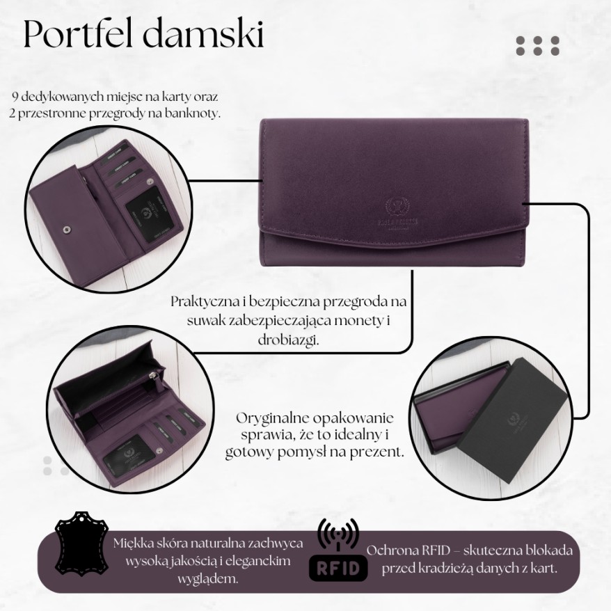 Portfel Damski Skórzany RFID Fioletowy Paolo Peruzzi SL-11-VI | Skóra Naturalna