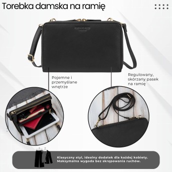 Damska mała skórzana kopertówka czarna ze złotymi okuciami KV-02-BLZ – elegancka torebka na ramię i do ręki