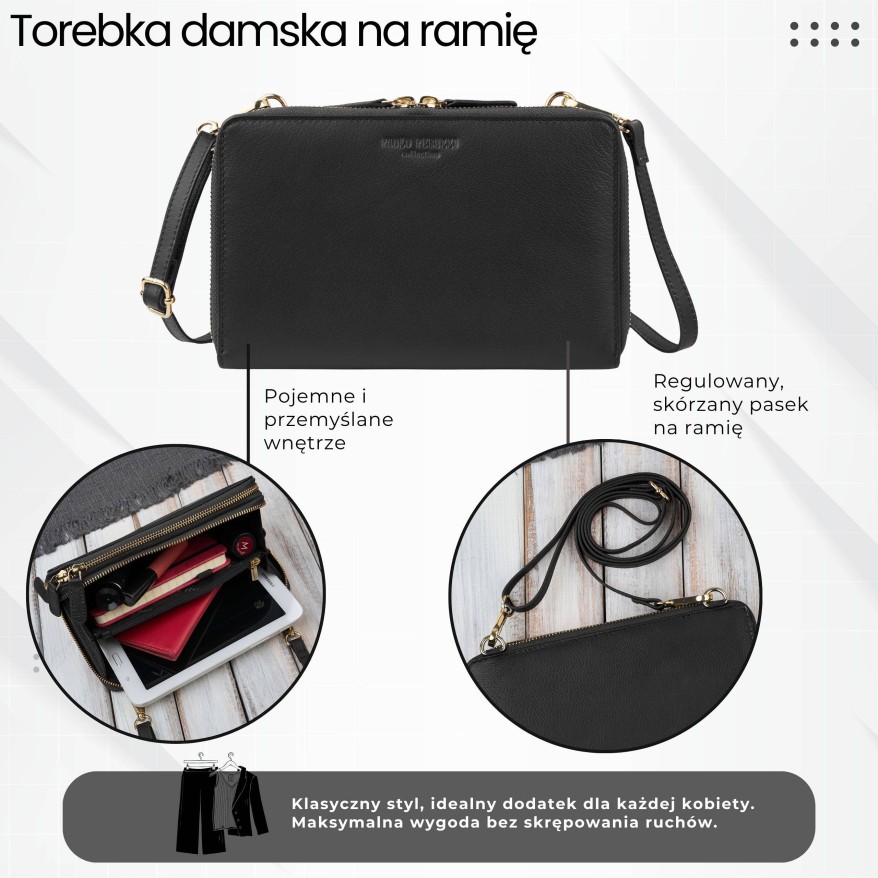 Damska mała skórzana kopertówka czarna ze złotymi okuciami KV-02-BLZ – elegancka torebka na ramię i do ręki