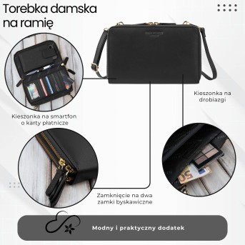 Damska mała skórzana kopertówka czarna ze złotymi okuciami KV-02-BLZ – elegancka torebka na ramię i do ręki